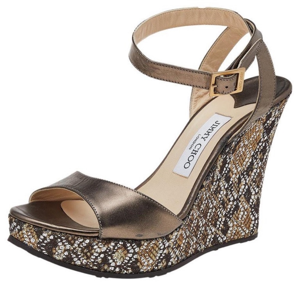 Jimmy Choo Metallic Leather Wedge Platform Sandals Size 38